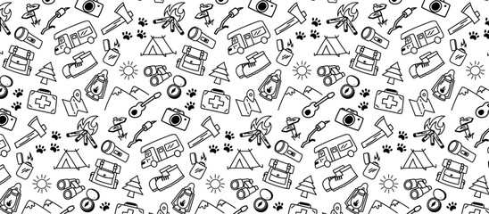 camping seamless pattern background doodle hand drawing hobby hiking mountain drawn sketch