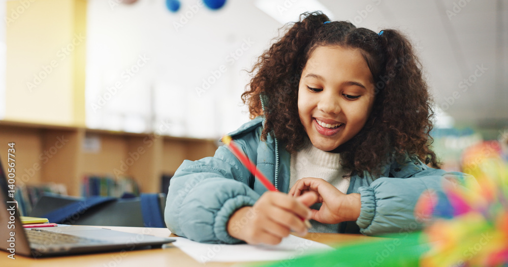 Poster Student, child and writing with laptop for assessment, e learning or online class for knowledge. Virtual school, development and girl on technology for activity on teaching platform in library