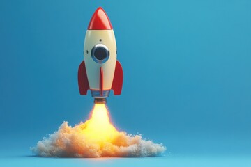 Toy Rocket Launch in Whimsical Style with Bright Blue Background