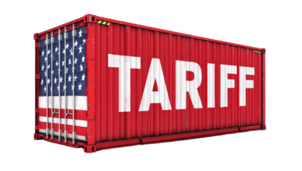 America container with tariff text transparent no background for decoration.