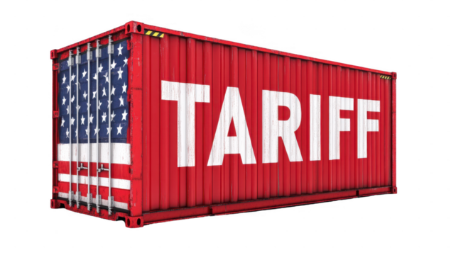America container with tariff text transparent no background for decoration.