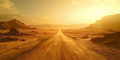 Fototapeta premium A long road in the desert with mountains in the background