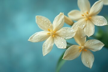 Three small white flowers with yellow centers against a blurred blue background.