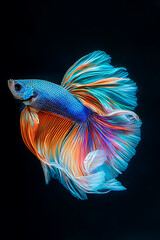 Fototapeta premium The moving moment beautiful siamese betta fish or dumbo betta splendens fighting fish in thailand on isolated black background. Thailand called Pla-kad or big ear fish. Colorful siamese fighting fish.