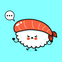 A cute, anthropomorphic sushi character with a speech bubble and a grumpy expression.