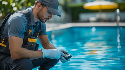 A pool technician examines pool water quality using a handheld device.