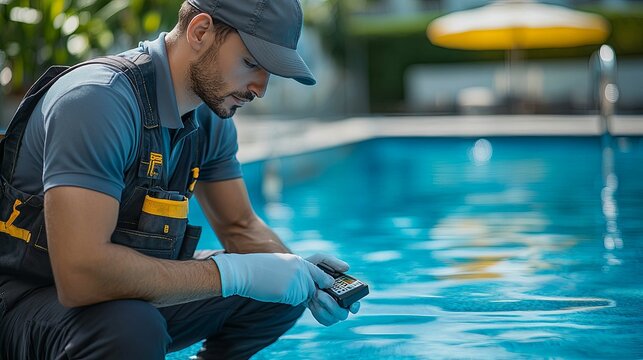 A pool technician examines pool water quality using a handheld device.