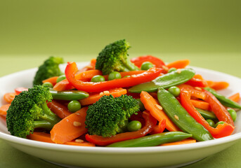 Colorful Vegetable Stir Fry with Broccoli, Carrots and Peppers on White Plate
