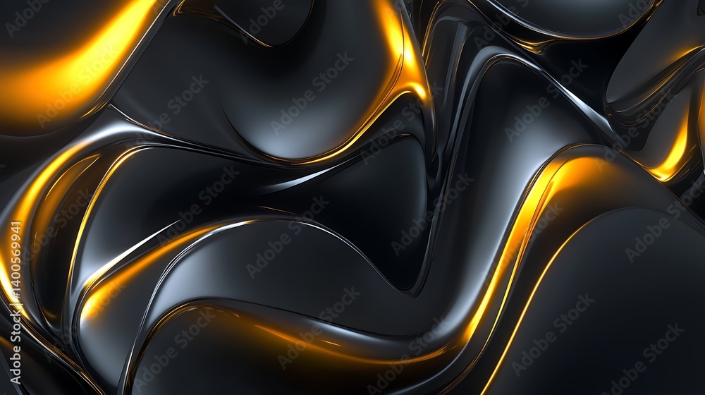 Poster abstract fluid shapes in black and gold colors creating a dynamic pattern with glossy surfaces refle