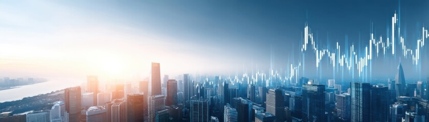 Fototapeta premium A panoramic city skyline at sunrise with skyscrapers and digital graphs, representing urban growth and economic trends.