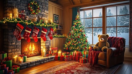 Cozy Christmas cabin scene with fireplace, stockings, presents, and tree