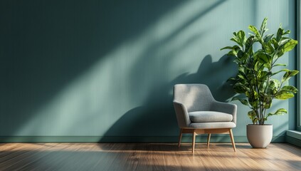 Modern minimalist living room with armchair and plant