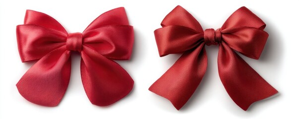 Two elegant red satin bows are displayed, showcasing their smooth texture and symmetrical shape.
