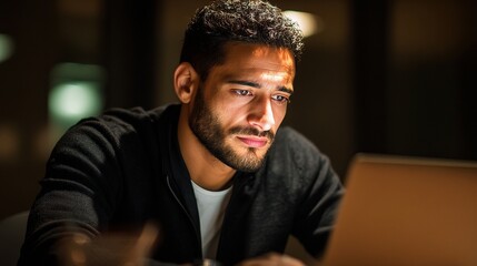 Obraz premium Young Middle Eastern Man in Business Casual Attire Working Late