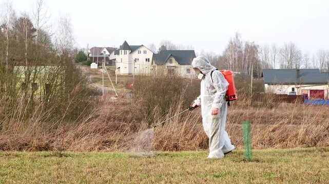 Gardener in protective clothing with a knapsack sprayer is spraying bush and tree with fungicide in a spring garden. Plant protection from diseases, insects and pests control. High quality 4k footage.