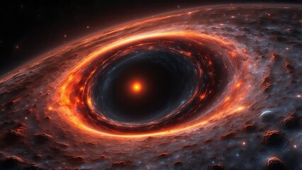 A dark black hole surrounded by a fiery, glowing accretion disk in space.