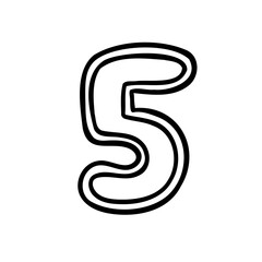 Stroke digit number five 5. Black font symbol in hand drawn doodle style. Vector illustration isolated on white background. For menu, presentation, branding, font, education, math.