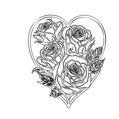 Floral Heart Outline Drawing With Roses and Leaves