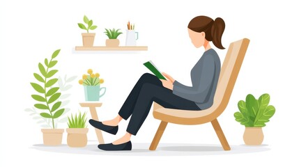 A woman sits comfortably in a chair, reading a book surrounded by various indoor plants and a cozy atmosphere.