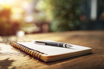Fountain pen on a spiral notebook placed on a rustic wooden desk, illuminated by soft morning light. Ideal for journaling, productivity, education, writing blogs, and creative workspace concepts.