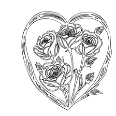 Elegant Roses Inside Heart Artistic Linear Style