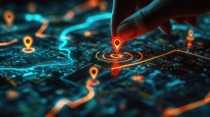 A close-up image of a person's hand placing a location marker pin on a digital map