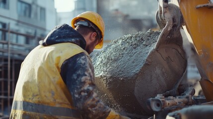 Construction worker operating a cement mixer on site. Featuring teamwork and machinery