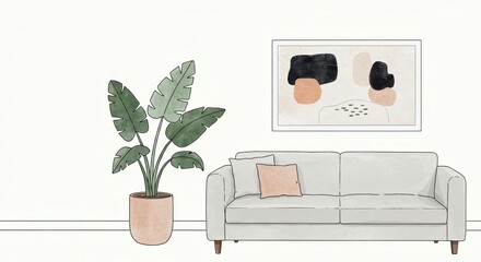 Modern Living Room with Plant and Abstract Art  