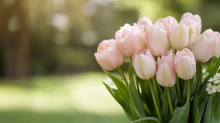 Fototapeta premium Elegant Pink Tulips in a Lush Green Background Captivating Spring Floral Arrangement