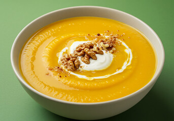 Creamy Orange Pumpkin Soup with Walnut and Yogurt Topping