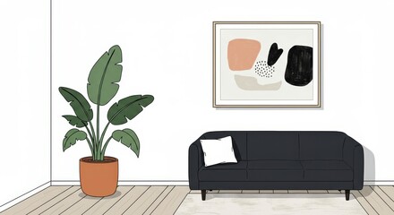 Fototapeta premium Modern living room interior with plant and abstract art 