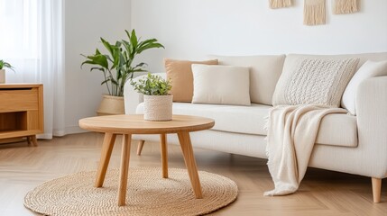 Fototapeta premium Cozy and Inviting Living Room with Natural Elements and Neutral Tones for Modern Homes