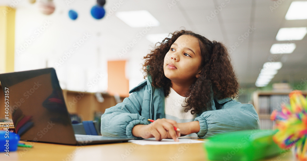 Poster Student, girl and thinking with laptop for assessment, e learning or online class for knowledge. Virtual school, development and child on technology for activity on teaching platform in library