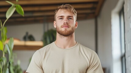 Fototapeta premium Young man with beard posing confidently in modern indoor setting with greenery and natural light