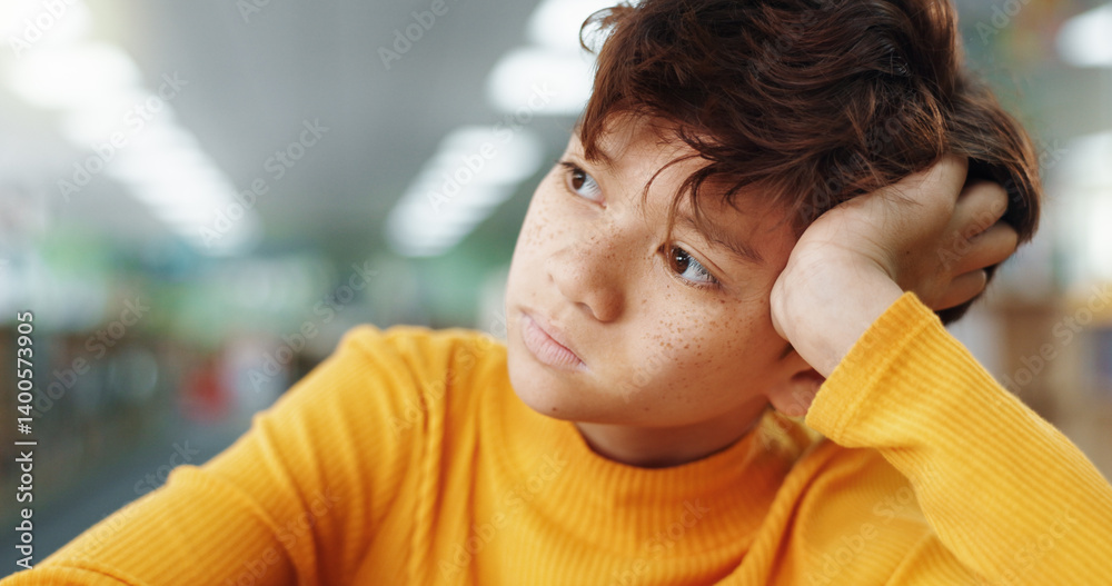 Poster Thinking, child and student in library at school for planning, ideas and study of learning solution. Bored, boy and lazy kid with thoughts for education challenge, problem solving and exam reflection