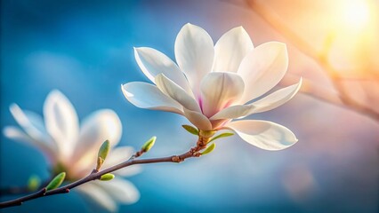 Fototapeta premium Delicate White Magnolia Blossom, Soft Blue Sky - Long Exposure Stock Photo