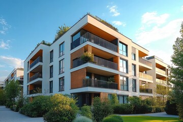 Modern Apartment Building in European Suburban Landscape with Clean Lines and Bright Daylight