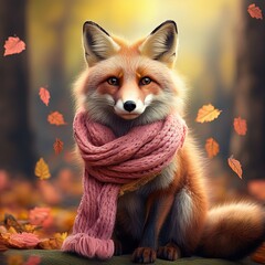 Obraz premium Graceful Fox with Soft Pink Scarf in Autumn Scene