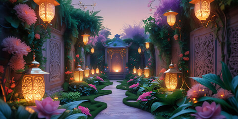 Magical Garden Path Lined with Glowing Lanterns and Vibrant Flowers Leading to Ornate Gazebo at Twilight