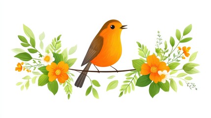 A vibrant illustration of a singing bird perched on a branch surrounded by colorful flowers and lush green leaves.