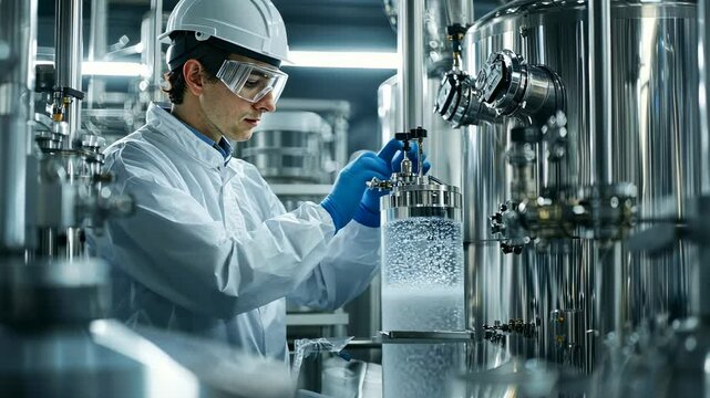 Scientist examining a chemical process in a laboratory setting.