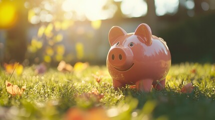 Piggy Bank in Sunny Grass Savings and Financial Growth Concept