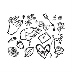 Hand drawn doodle set of love symbols. 