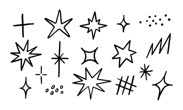 Hand Drawn Unique Sparkle Star Accent. A collection of 17 unique hand drawn sparkle and star doodles featuring bursts diamonds lightning and scattered dots for magical and decorative design accents