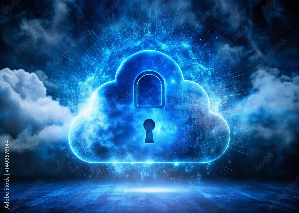 Poster deep blue cloud computing security: digital lock on abstract background