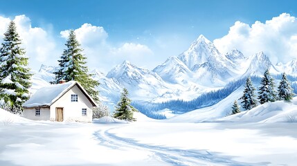 Fototapeta premium Serene Winter Cabin Landscape Snow Covered House in Majestic Mountains