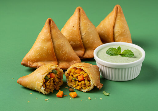 Crispy Golden Brown Samosas with Mint Chutney on Green Background