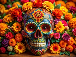 Fototapeta premium Day of the Dead Sugar Skull with Vibrant Flowers - Festive Mexican Holiday Decoration