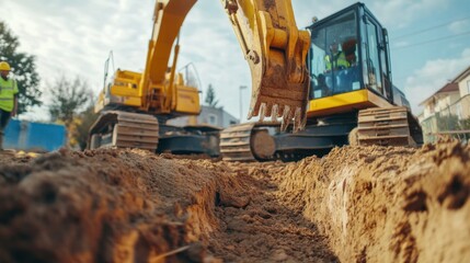Construction worker operating an excavator for trench digging. Featuring power and precision