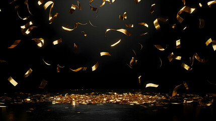 Golden confetti falling on dark floor; celebration background; event invitation design